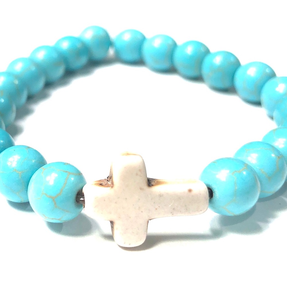 Handmade New Off White Cross Imitation Turquoise Stretch Bracelet Women Gift